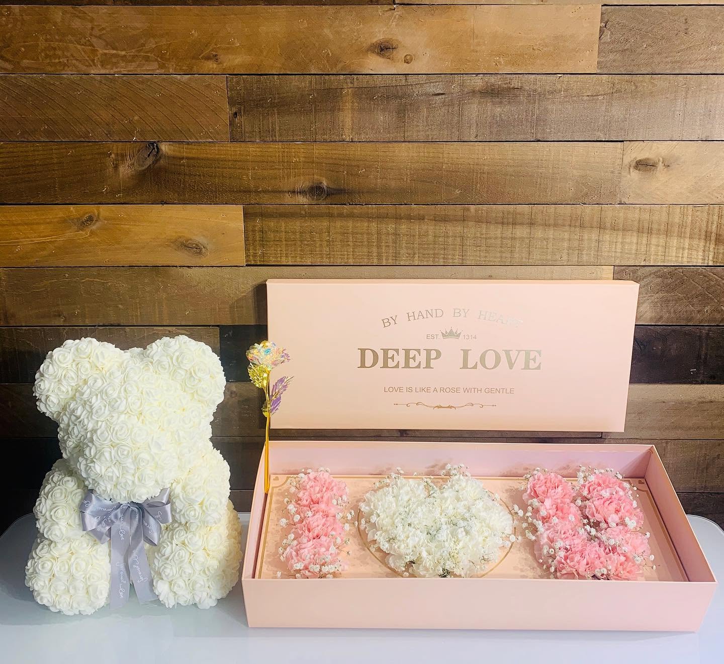 Pink I LOVE U floral gift box with white and pink flowers, white rose teddy bear, and decorative gold rose from The Hidden Gift Store