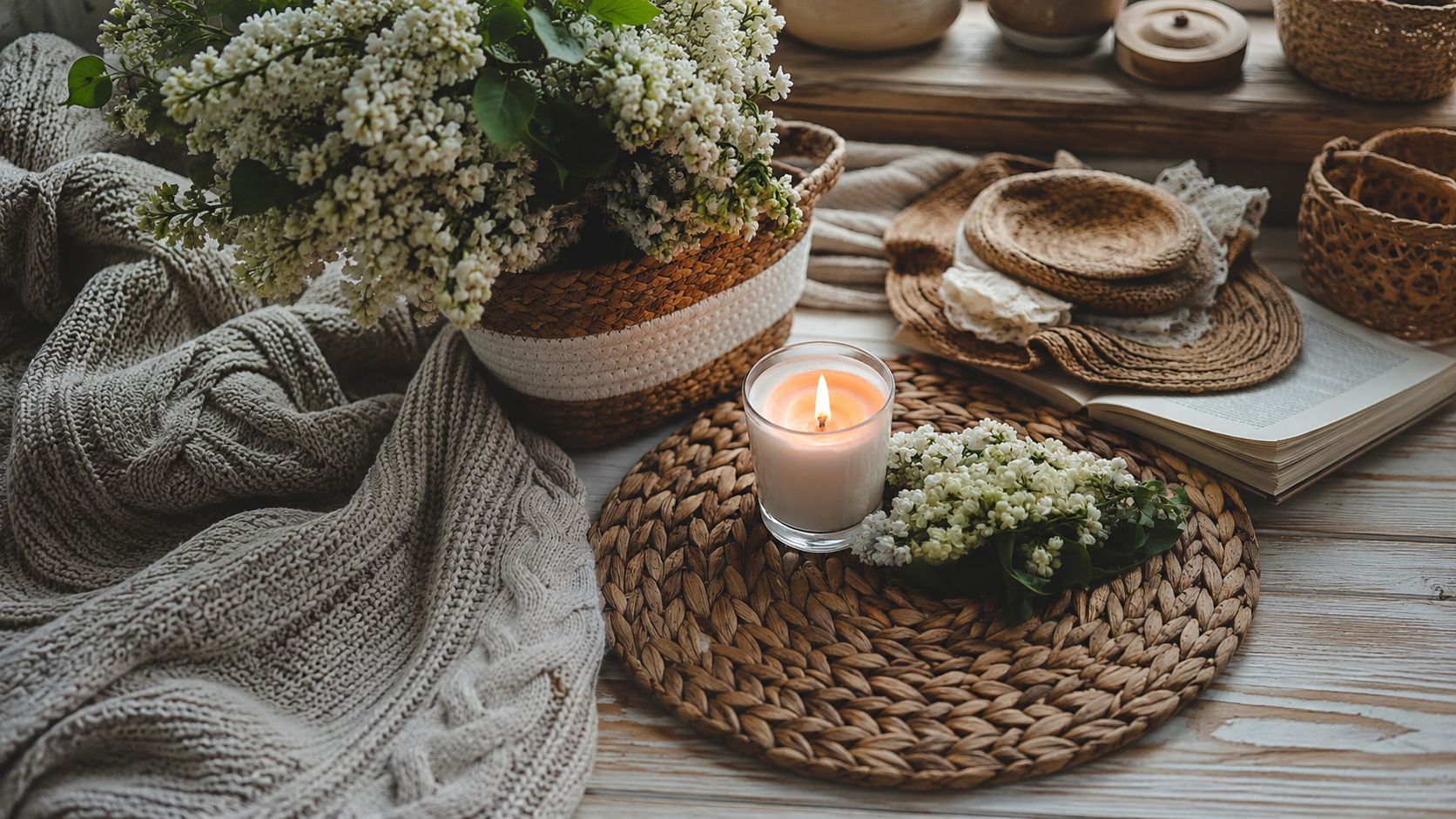 Cozy aesthetic home decor featuring a lit candle on a woven mat, a chunky knit blanket, an open book, and a woven basket filled with blooming white lilacs on a wooden surface.