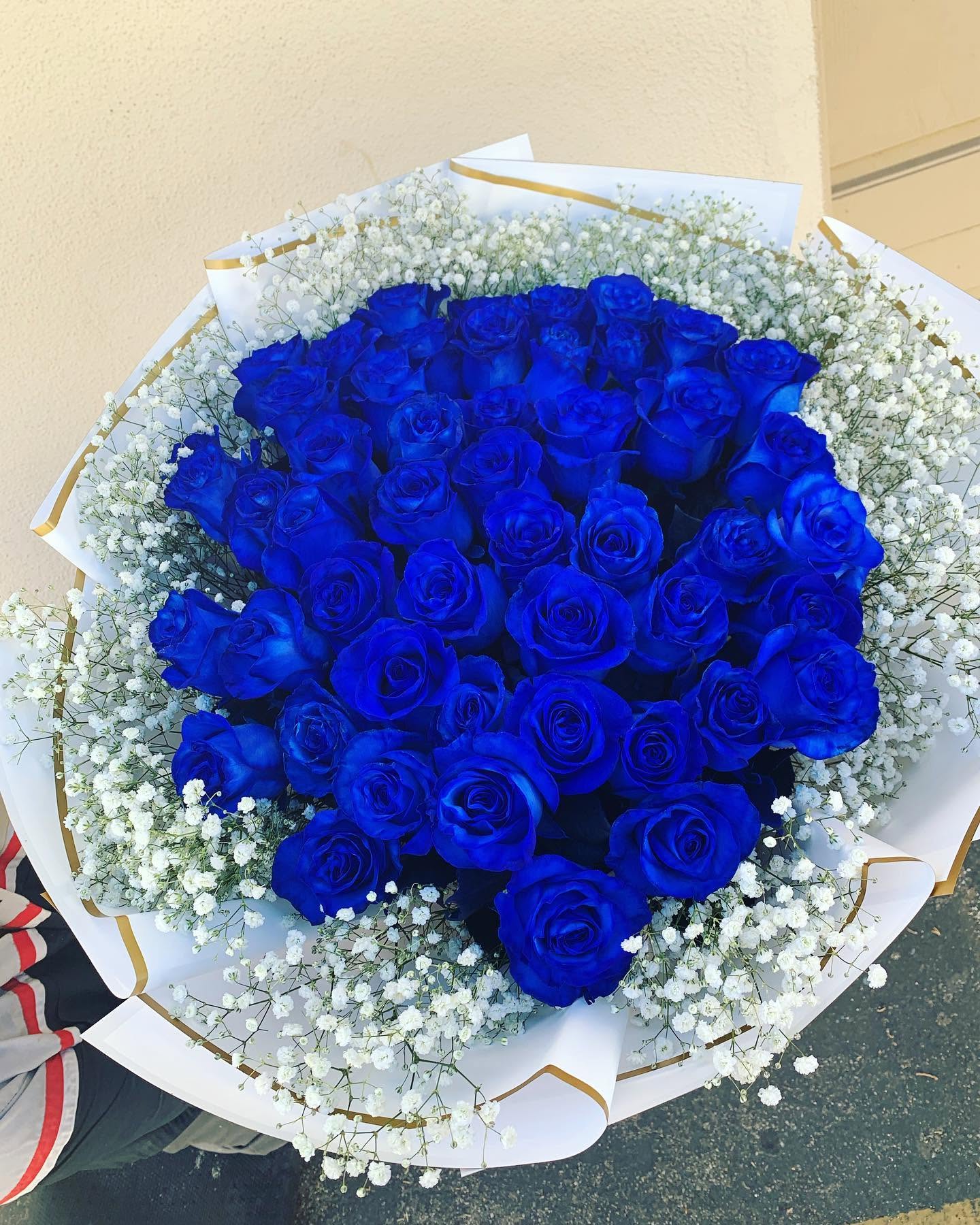 Large royal blue rose bouquet with white baby's breath and elegant white and gold wrapping from The Hidden Gift Store