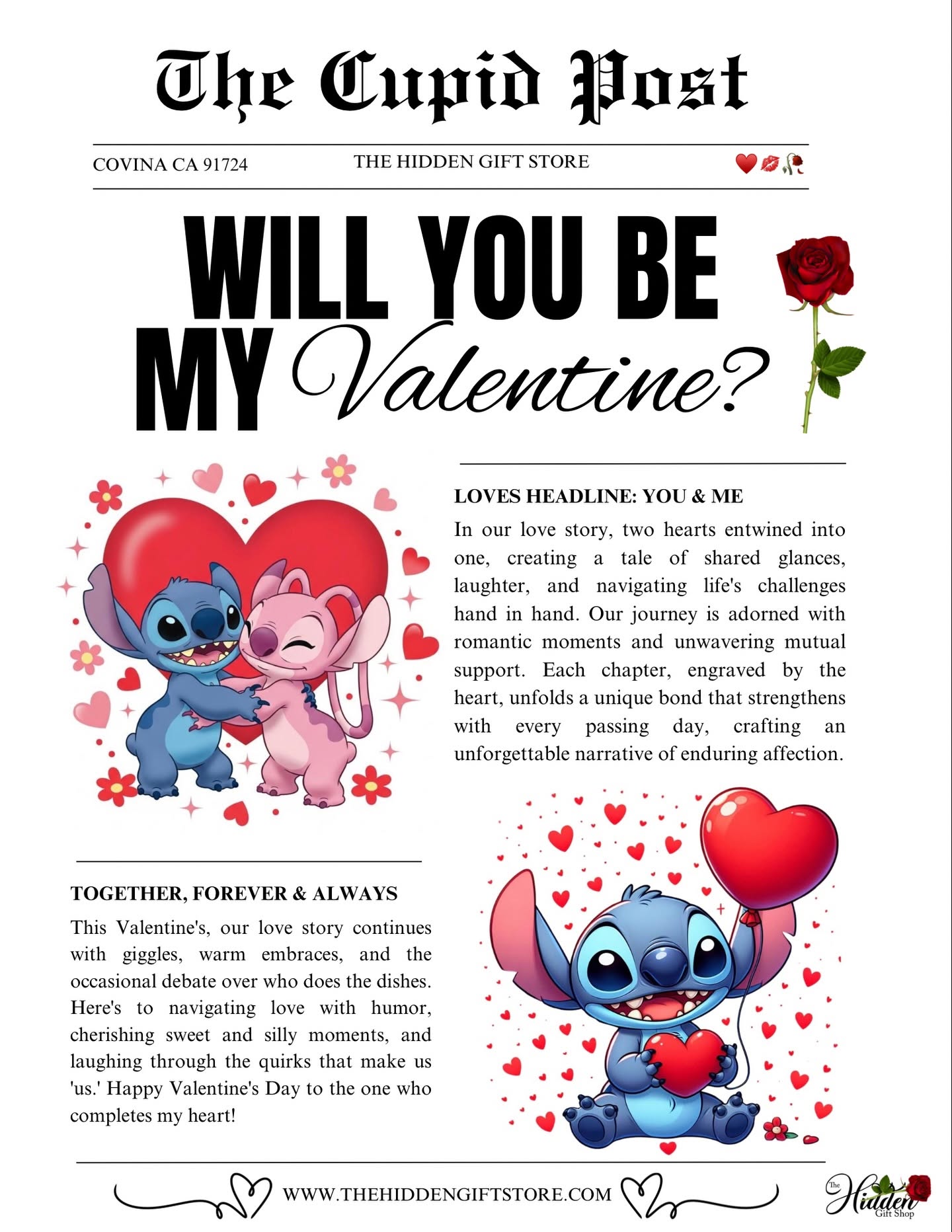 Valentine’s Day “Will You Be My Valentine?” newspaper-style card with Stitch and Angel illustrations