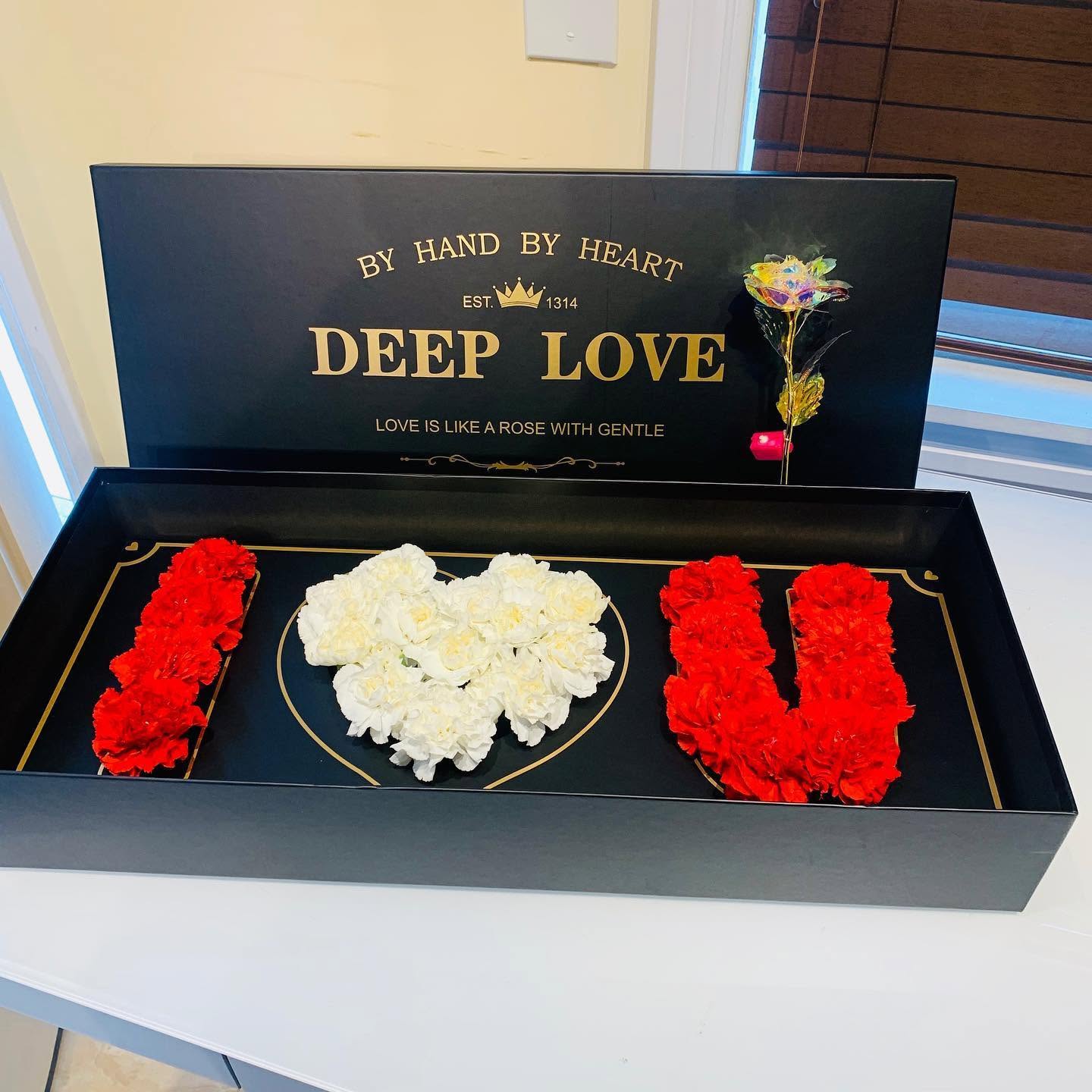 I LOVE U floral gift box with red and white flowers and decorative rose from The Hidden Gift Store