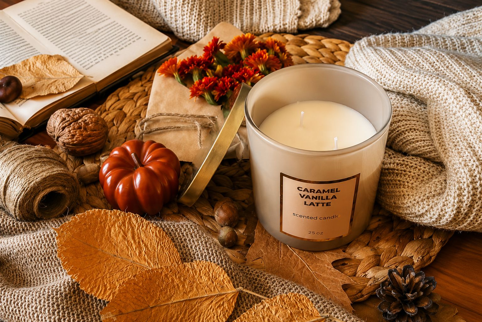 Cozy fall home decor featuring a Caramel Vanilla Latte scented candle on a woven mat, surrounded by autumn leaves, a small pumpkin, walnuts, a chunky knit blanket, and an open book.